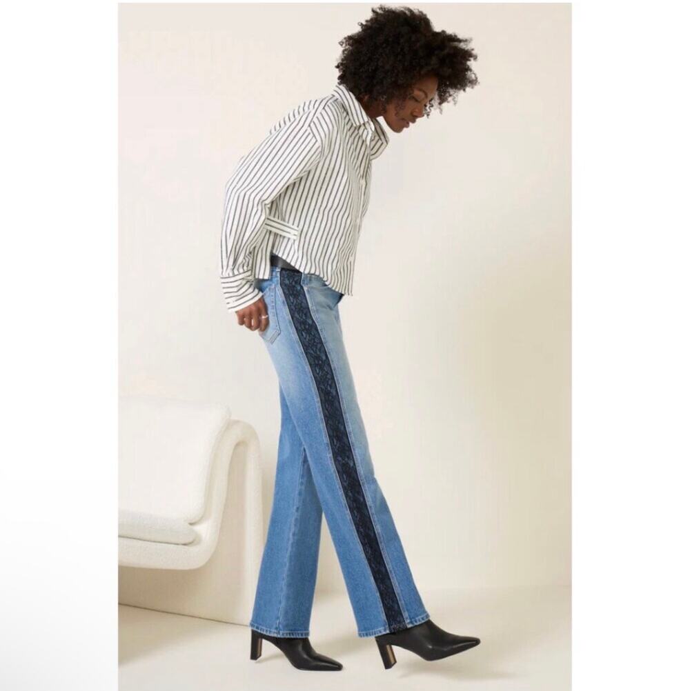 Evereve Jeans Womens 30 Blue Ever Straight Leg Lace Inset Medium Wash Denim